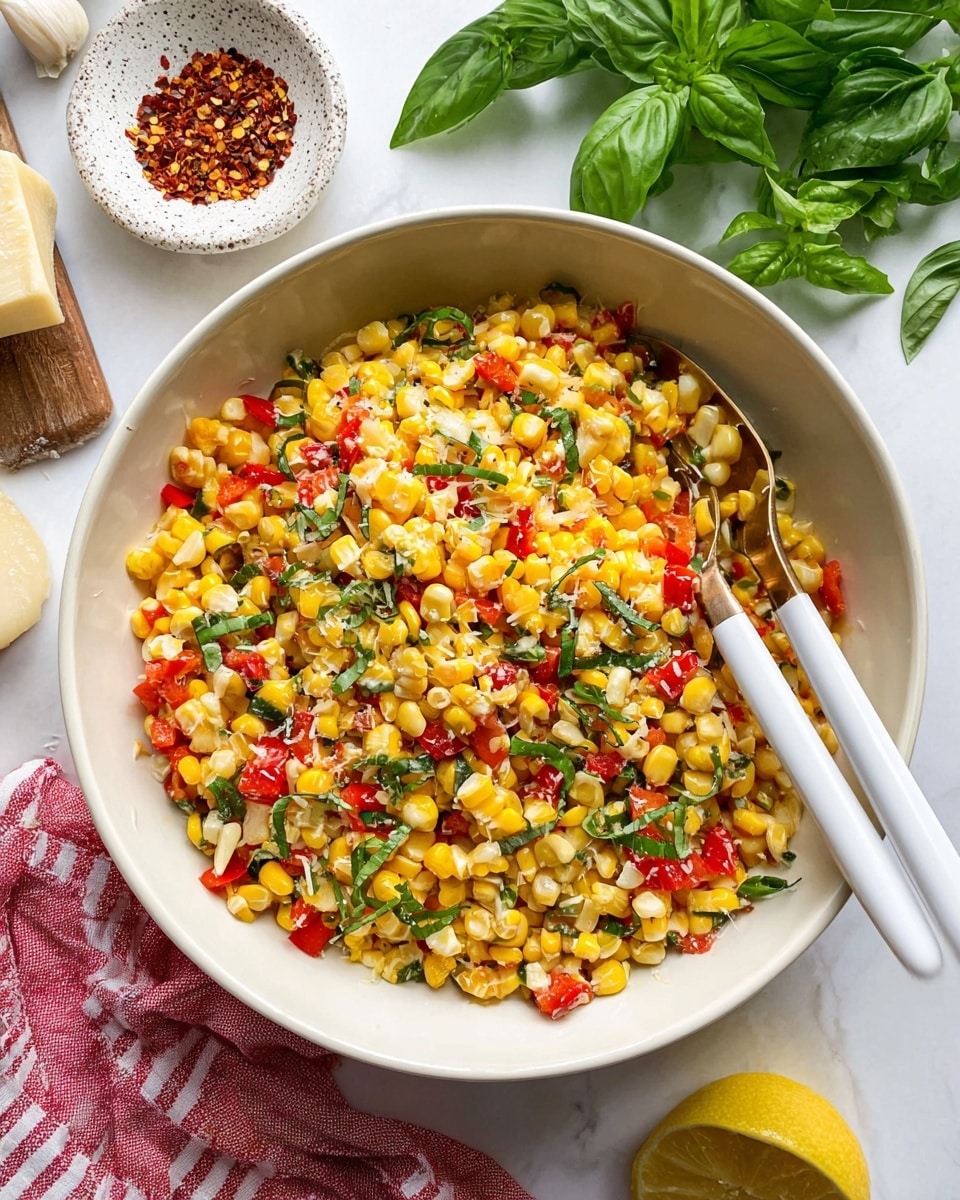 A white bowl filled with a colorful corn salad, showing three main layers: bright yellow corn kernels, scattered chunks of red bell pepper, and small green basil leaves. The texture is fresh and slightly crunchy, mixed with small bits of shredded cheese and thinly sliced green herbs all spread evenly. Two large white spoons rest diagonally inside the bowl. The bowl sits on a white marbled surface with fresh green basil leaves, a piece of cheese, a lemon half on a speckled white dish, a small bowl with chili flakes, and a red-striped cloth nearby. Photo taken with an iphone --ar 4:5 --v 7
