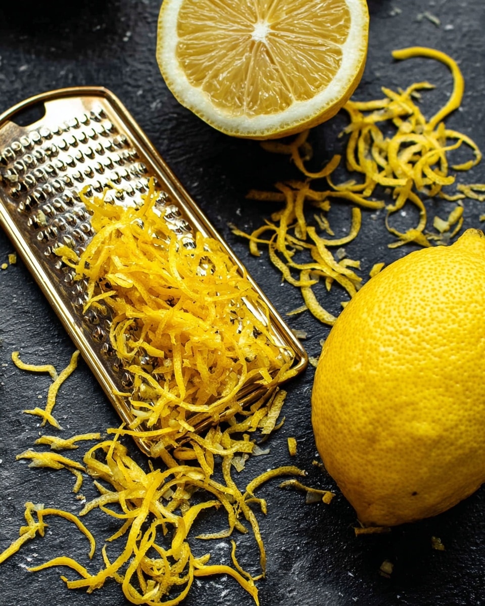 The image shows a close-up of a golden metal grater placed on a dark surface with thin, curly yellow lemon zest spread over and around it. To the right, there is one whole lemon with a bright yellow, textured peel. Partly visible at the top is a lemon half with its juicy, segmented interior showing. The dark background contrasts with the bright yellow of the lemons and zest, highlighting the fresh, textured look of the citrus skin and finely grated zest strands. photo taken with an iphone --ar 4:5 --v 7