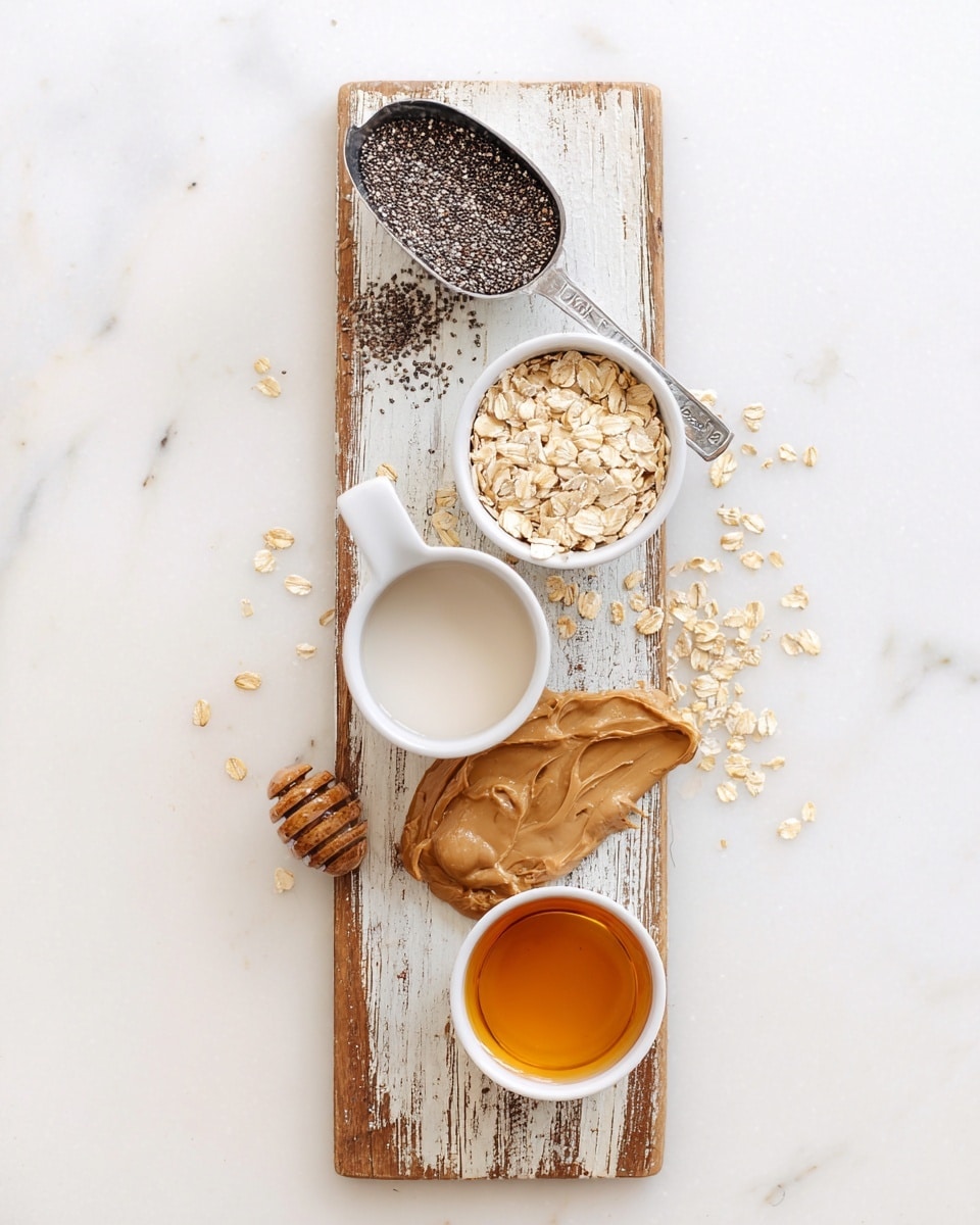 A vertical wooden board with white and brown faded paint holds five items arranged from top to bottom: a metal scoop filled with small black and white chia seeds, a white measuring cup filled with light tan rolled oats, a glass container partially filled with white liquid, a wooden spreader thickly covered with smooth light brown peanut butter, and a small white bowl filled with amber honey. Scattered oats and chia seeds lightly cover the board and white marbled surface around it photo taken with an iphone --ar 4:5 --v 7