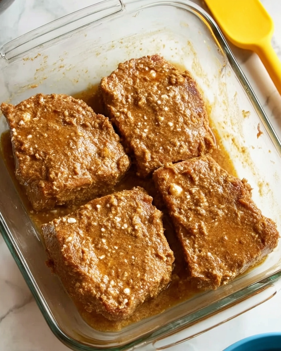 The image shows four large meat pieces covered evenly with a thick, grainy marinade that is light brown with visible small white bits spread throughout. They are placed side by side in a clear, square glass baking dish. The texture of the marinade looks creamy and slightly coarse. The dish is sitting on a white marbled surface, and a yellow spatula and a part of a blue container are visible near the top right corner. photo taken with an iphone --ar 4:5 --v 7
