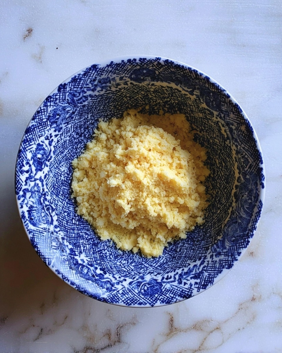 A blue and white patterned bowl holds a single yellowish, crumbly textured mixture in the center. The mixture looks soft and grainy, spread evenly in a single layer inside the bowl. The bowl is placed on a white marbled surface with visible grains and subtle grey veins. photo taken with an iphone --ar 4:5 --v 7
