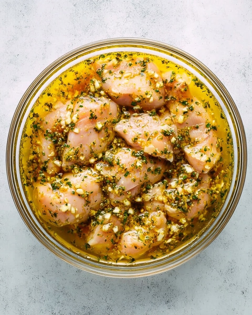 A clear glass bowl holds multiple pieces of raw light pink chicken, fully covered in a yellowish marinade with small bits of chopped green herbs and white garlic. The marinade looks oily and glossy, filling the bowl to surround the chicken evenly. The bowl sits on a white marbled surface, and the image is taken from above, showing the texture and color contrast between the pale chicken, green herbs, and yellow liquid. photo taken with an iphone --ar 4:5 --v 7