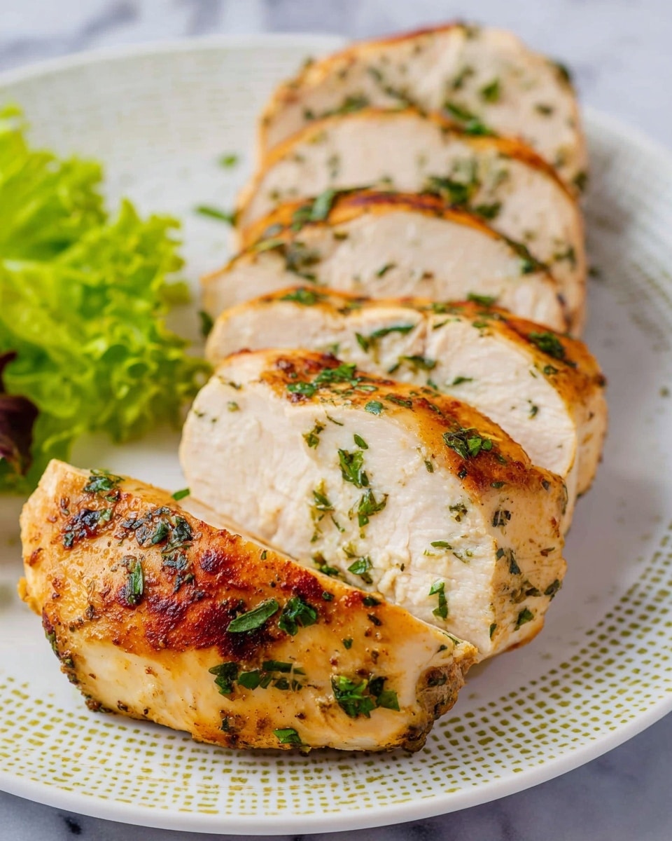 The image shows five slices of cooked chicken arranged in a row on a white plate with a dotted pattern. The top four slices display a light, tender inside with some green herbs sprinkled throughout, while the front slice shows a golden-brown outside crust with fresh chopped herbs on top. A small piece of green lettuce is visible on the left side of the plate, adding a touch of color. The plate rests on a white marbled surface. Photo taken with an iphone --ar 4:5 --v 7