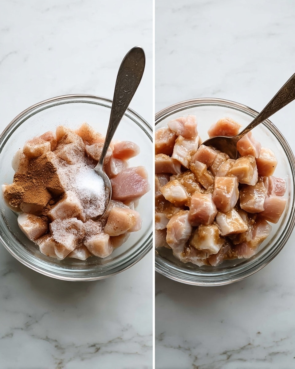 Two clear glass bowls sit side by side on a white marbled surface. Inside each bowl are pieces of raw chicken, cut into small chunks. The bowl on the left contains the chicken sprinkled with a white powder, likely salt or seasoning, and a brown powder, possibly cinnamon or another spice, scattered on top. A dark metal spoon rests inside the bowl, with its handle leaning outwards. The bowl on the right shows the chicken after the seasonings have been mixed in, making the chicken pieces appear wet and coated evenly with a light brown sauce. The spoon is positioned the same way inside this bowl. Photo taken with an iphone --ar 4:5 --v 7