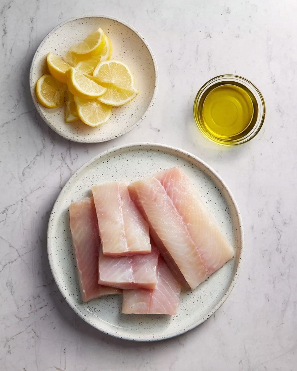The image shows six rectangular pieces of pale pink fish fillets neatly arranged in a lightly speckled white plate. Above the plate, there is a small clear glass bowl filled with golden yellow olive oil. To the left, a white plate holds several lemon wedges with a bright yellow color and juicy texture. The items are placed on a white marbled surface with faint gray veins. photo taken with an iphone --ar 4:5 --v 7