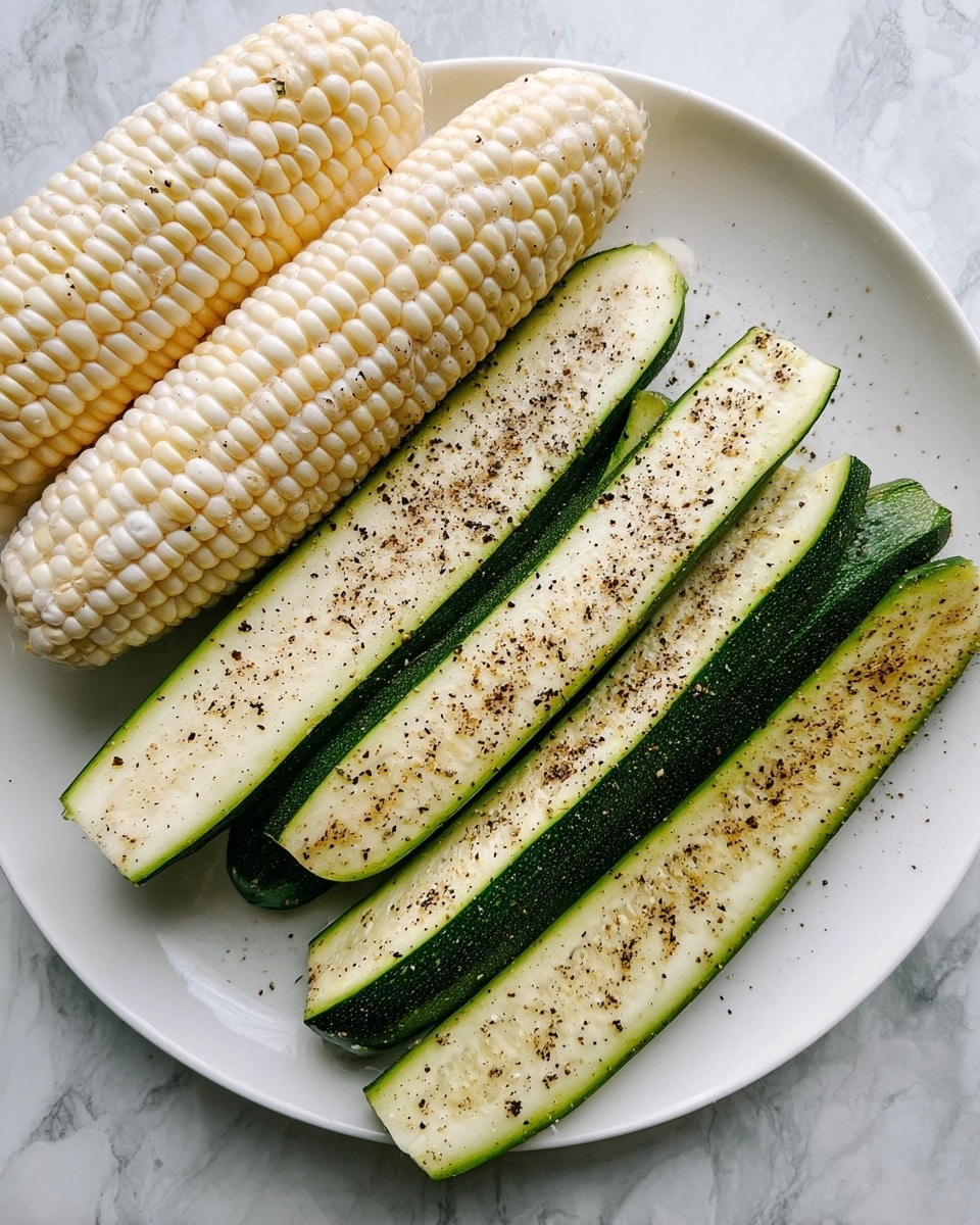 A white plate holds two whole ears of pale white corn at the top left and four long, green zucchini halves arranged parallel below them. Both the corn and zucchini are sprinkled with cracked black pepper, showing a speckled texture on their surfaces. The background is a white marbled texture. photo taken with an iphone --ar 4:5 --v 7