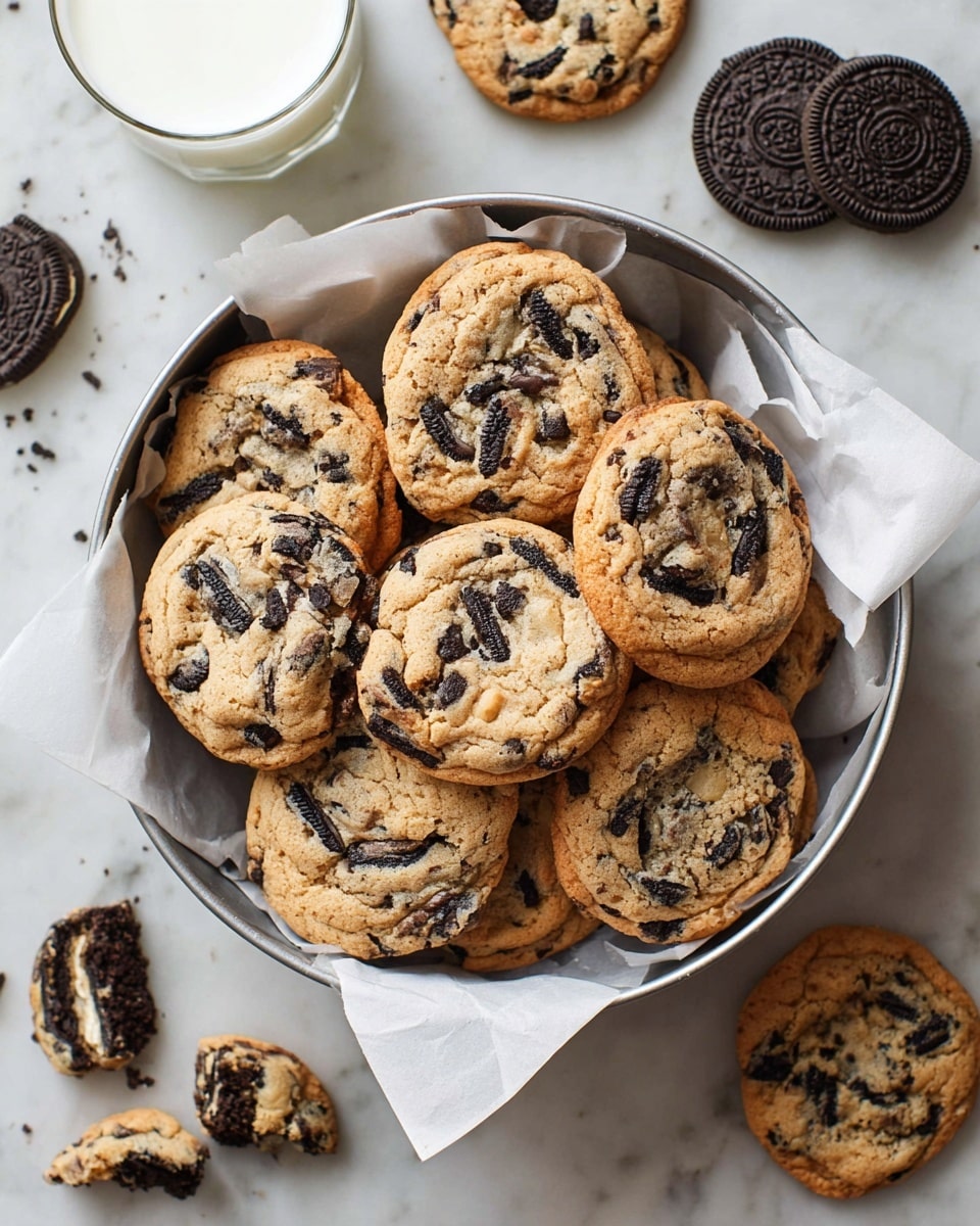 A round tin lined with white parchment paper holds about ten golden brown cookies with uneven shapes and cracked surfaces, studded with dark chocolate sandwich cookie pieces throughout. The tin sits on a white marbled surface, surrounded by whole and broken dark chocolate sandwich cookies. In the upper left corner, a clear glass filled with white milk is partially visible. The image has a soft natural light that highlights the texture of both the cookies and the sandwich cookie chunks, creating a warm and inviting look. photo taken with an iphone --ar 4:5 --v 7