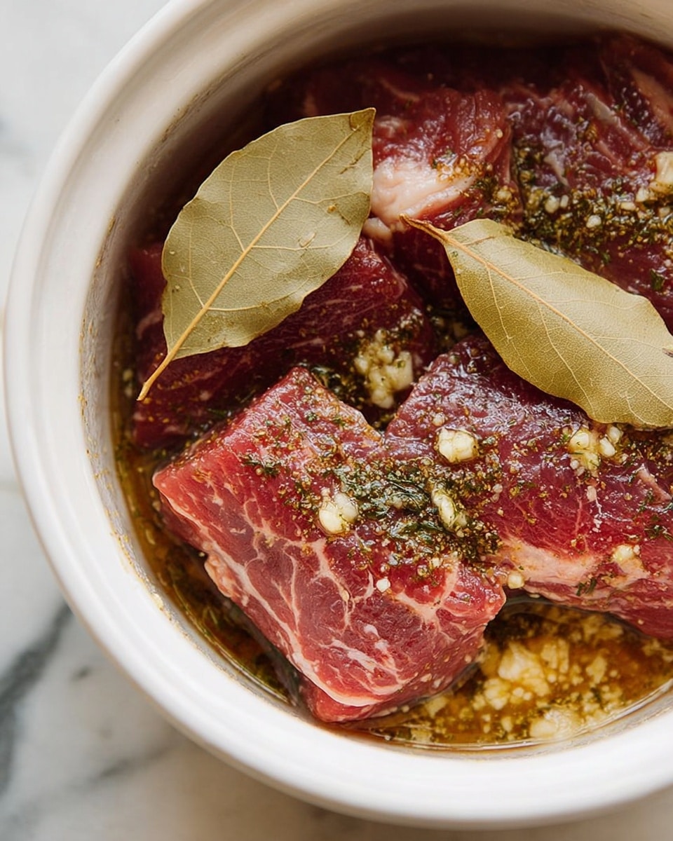 Inside a white bowl on a white marbled surface, there are several pieces of raw red meat with white fat veins, soaked in a light brown liquid mixed with minced garlic and various green and black seasonings scattered on top. Two large dry bay leaves rest on the meat, adding a dull tan color. The meat looks fresh and slightly shiny from the marinade. The photo was taken with an iphone --ar 4:5 --v 7