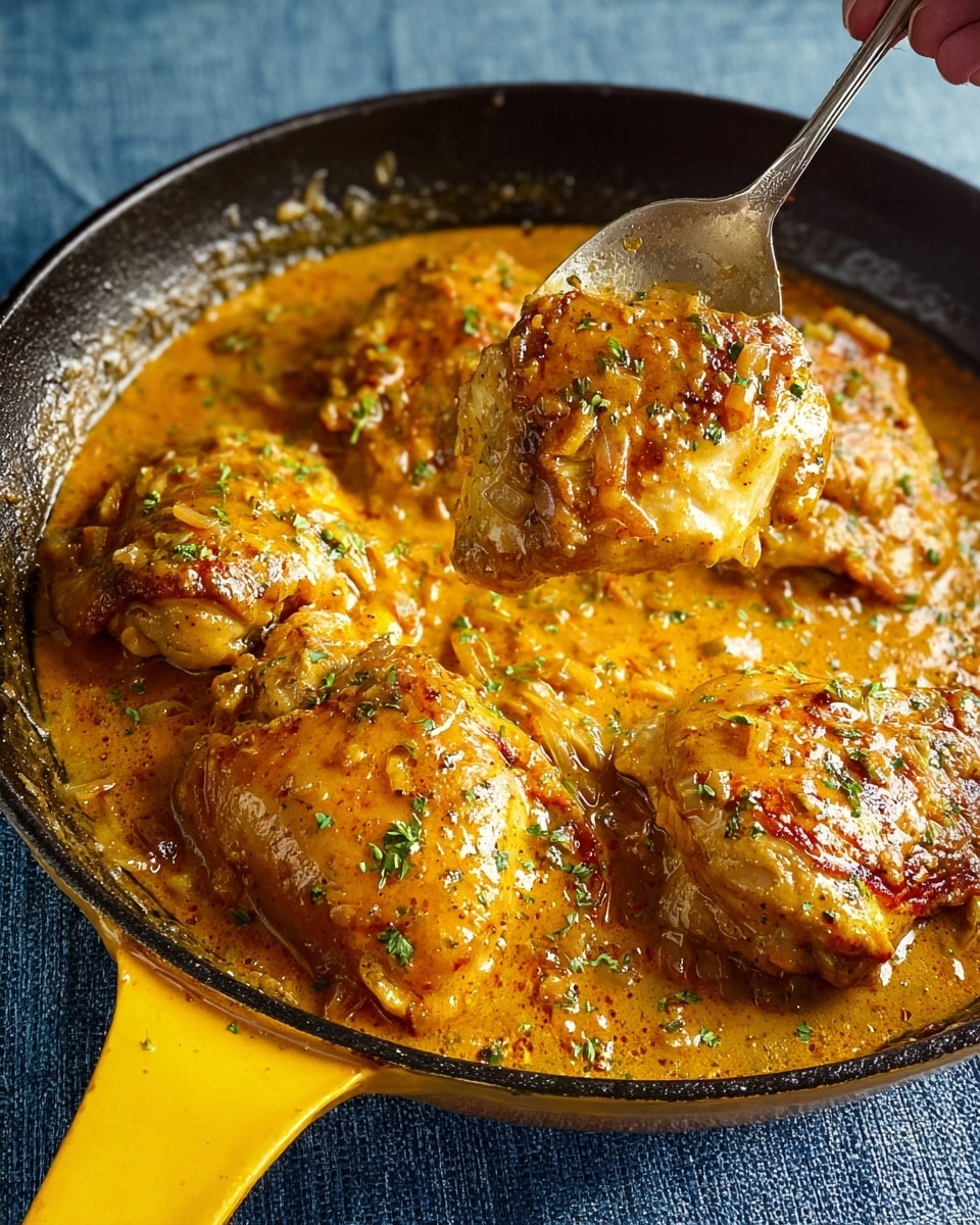 A close-up image shows a black skillet filled with four golden brown chicken pieces covered in a thick, creamy orange sauce with visible small chunks of onions and herbs sprinkled on top. A silver spoon is held by a woman's hand, lifting one chicken piece coated in the sauce, showing its glossy texture. The skillet handle is yellow and the skillet sits on a blue textured surface. photo taken with an iphone --ar 4:5 --v 7