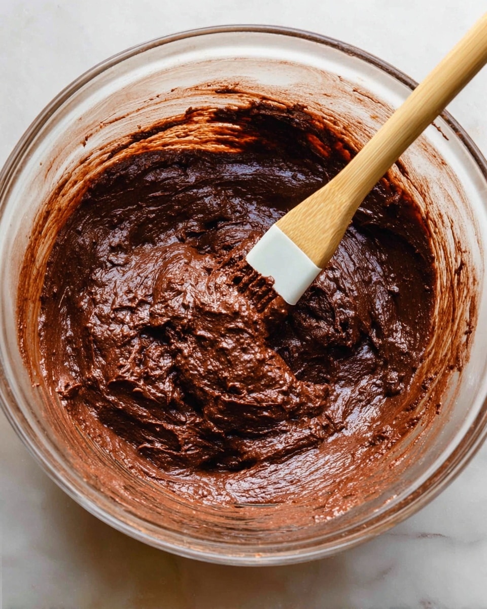A clear glass bowl filled with thick, dark brown chocolate batter with a slightly shiny texture. A wooden spatula with a white silicone tip is partially dipped into the batter, resting in the bowl. The bowl sits on a white marbled surface. The batter looks rich and smooth, with some small, uneven lumps visible throughout. photo taken with an iphone --ar 4:5 --v 7