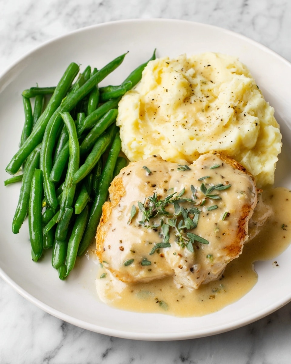 A white plate holds three main parts: on the left, a pile of bright green steamed green beans with smooth glossy surfaces; on the bottom, a generous scoop of creamy pale yellow mashed potatoes topped with a light beige sauce sprinkled with small bits of green herbs and black pepper; on the right, a golden brown cooked chicken piece covered partially with the same light beige sauce and garnished with fresh green herb leaves. The plate sits on a white marbled texture. Photo taken with an iphone --ar 4:5 --v 7