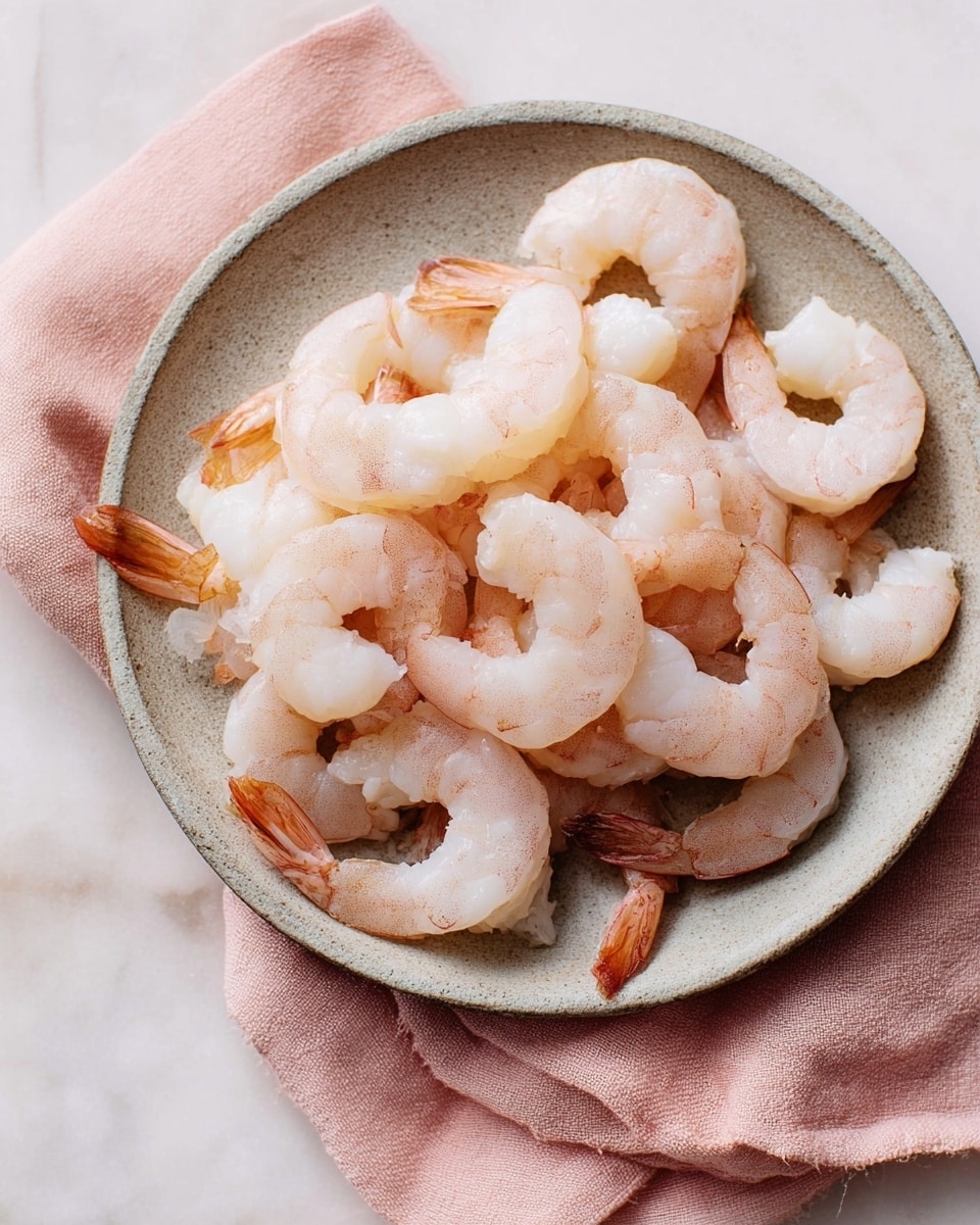 A plate filled with about a dozen raw shrimp, arranged in a loose pile. Each shrimp is pale with a slight pink and translucent white color, showing smooth, shiny textures. The shrimp curves gently, with some tails slightly darker and tips visible. The plate is white with a rough texture and sits on a soft pink cloth on a white marbled surface. Photo taken with an iphone --ar 4:5 --v 7
