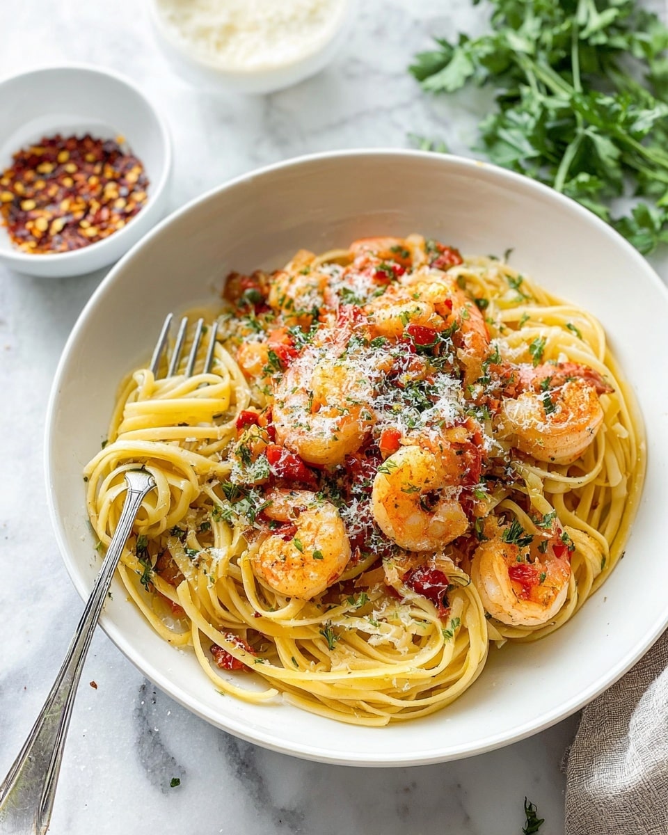 A white bowl filled with three layers of food: the bottom layer is long, thin, yellow pasta noodles twisted and piled neatly; on top of the noodles are several pink and orange cooked shrimp coated with small bits of green herbs and red tomato pieces; the top layer is a light scattering of white grated cheese covering some shrimp and pasta. A silver fork rests on the left side of the bowl with some pasta twirled around its tines. The bowl sits on a pale white marbled surface with a small white bowl holding red chili flakes and some fresh green herbs blurred in the background. Photo taken with an iphone --ar 4:5 --v 7