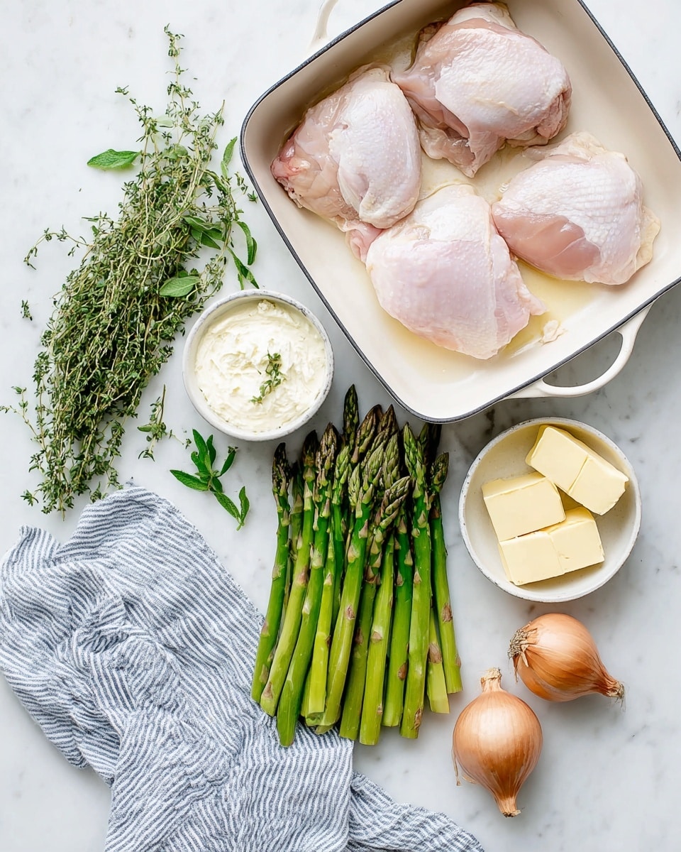 The image shows a white roasting pan in the top right corner holding four large pieces of raw, pale pink chicken on a white marbled surface. Below the pan, bright green asparagus spears rest on a folded blue and white striped cloth, next to two light brown shallots on the right. To the left of the asparagus, fresh green herbs are spread out, including sprigs of tarragon and thyme. There is a small white bowl filled with soft white cheese or cream, and next to it, a small white bowl with three blocks of pale yellow butter. All items are arranged neatly, with a clean, bright look. Photo taken with an iphone --ar 4:5 --v 7