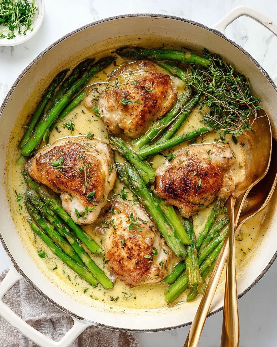 A large white pot contains four browned chicken pieces with a golden crust on top, sitting in a light creamy yellow sauce. Bright green asparagus sticks are scattered around and under the chicken. Fresh green herb sprigs rest on one side. Two gold spoons are placed inside the pot on the right. The whole scene is set on a white marbled surface. photo taken with an iphone --ar 4:5 --v 7