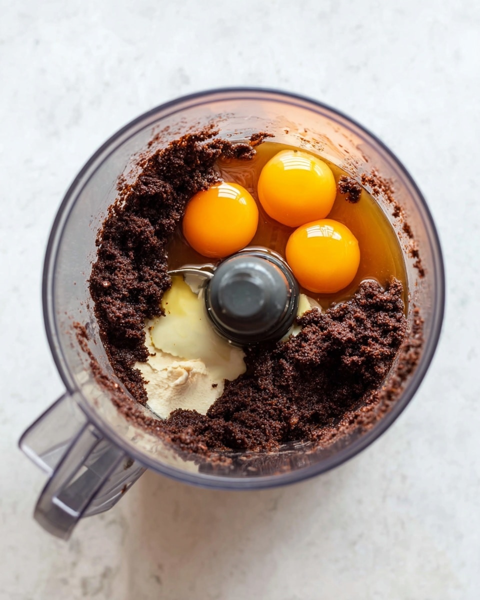 A clear food processor bowl sits on a white marbled surface, filled with a mix of ingredients. The main layer is a dark brown chunky paste that clings to the sides and blade base. On top of this paste are two whole raw eggs with bright orange yolks and clear whites, along with a pool of shiny amber liquid, likely syrup or oil. The ingredients are not mixed yet, showing clear separation between the dark paste, bright yolks, and amber liquid. Photo taken with an iphone --ar 4:5 --v 7