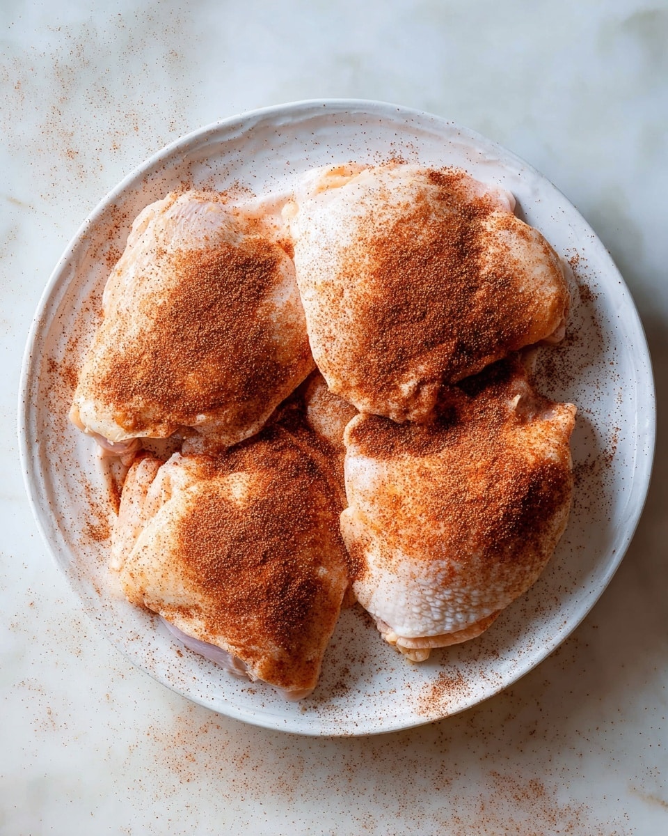 A white plate holds four raw chicken thighs arranged close together in a loose square shape. Each thigh is pale with a smooth texture, covered evenly in a reddish-brown spice blend that dusts the top and parts of the plate. The spice looks finely ground and scattered lightly beyond the thighs, creating a soft contrast against the chicken and plate. The background has a white marbled texture with soft natural lighting that highlights the spices and the moist surface of the chicken skin. photo taken with an iphone --ar 4:5 --v 7