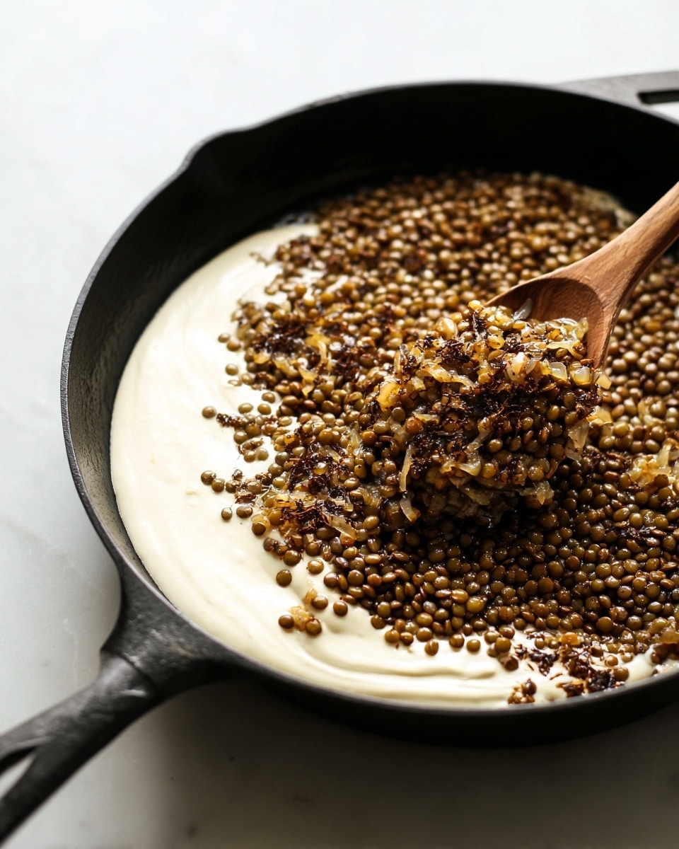 A black cast iron pan filled with two main layers: a thick creamy white sauce underneath and a large amount of small brown lentils spread over most of the sauce. There are browned caramelized onions mixed within the lentils and sauce, adding texture and dark golden tones. A wooden spoon is scooping a mix of lentils, sauce, and onions from the pan, showing a blend of all layers. The pan is set on a white marbled surface, with soft natural light highlighting the textures and colors. photo taken with an iphone --ar 4:5 --v 7