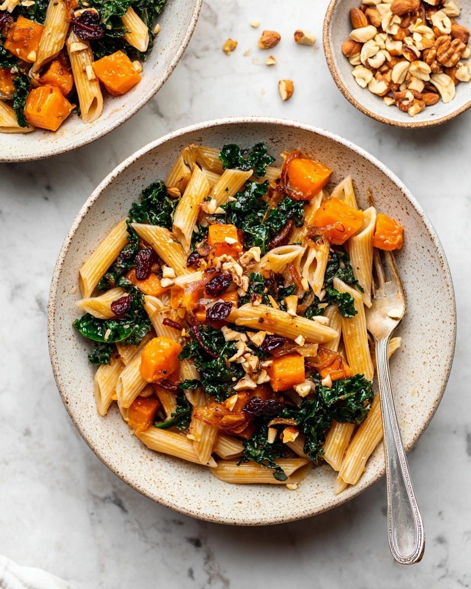 A white speckled bowl holds a mix of penne pasta, dark green kale leaves, and bright orange roasted squash pieces. Scattered among these are shiny, reddish-brown caramelized onions and sprinkled chopped nuts on top, adding texture and contrast. A silver fork rests inside the bowl on the right side, sharing space with the pasta. Nearby, there is a smaller white bowl filled with whole and chopped nuts. The surface under the bowls is white marble with subtle gray veining. Photo taken with an iphone --ar 4:5 --v 7