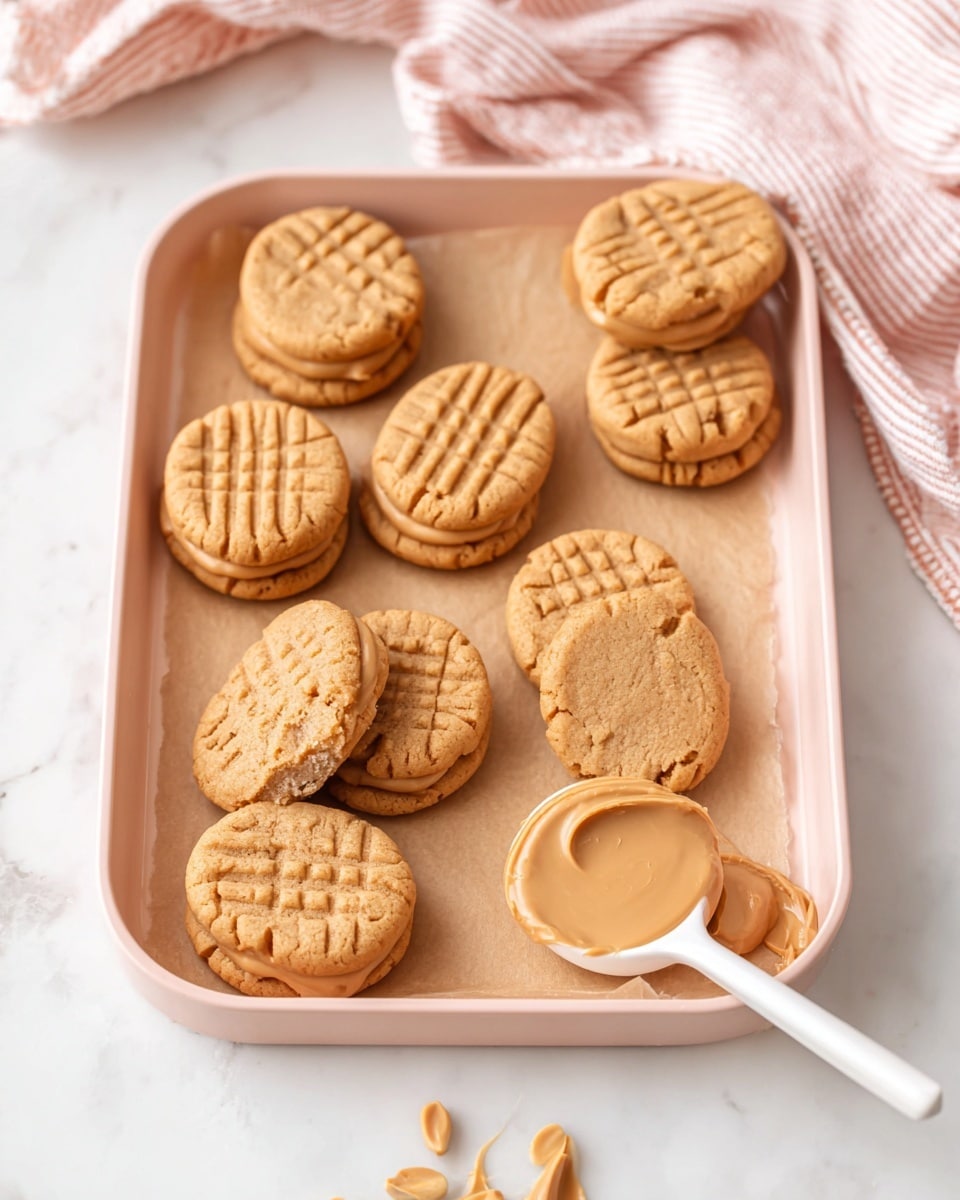 The image shows nine peanut-shaped sandwich cookies arranged on a pale pink tray lined with light brown parchment paper, placed on a white marbled surface with a pink and white striped cloth in the background. Each cookie has two light brown layers with crisscross patterns on top, and there is one cookie with its top layer removed showing a smooth, creamy light brown filling. A white spoon filled with the same creamy filling is placed on the tray near the cookies. Photo taken with an iphone --ar 4:5 --v 7