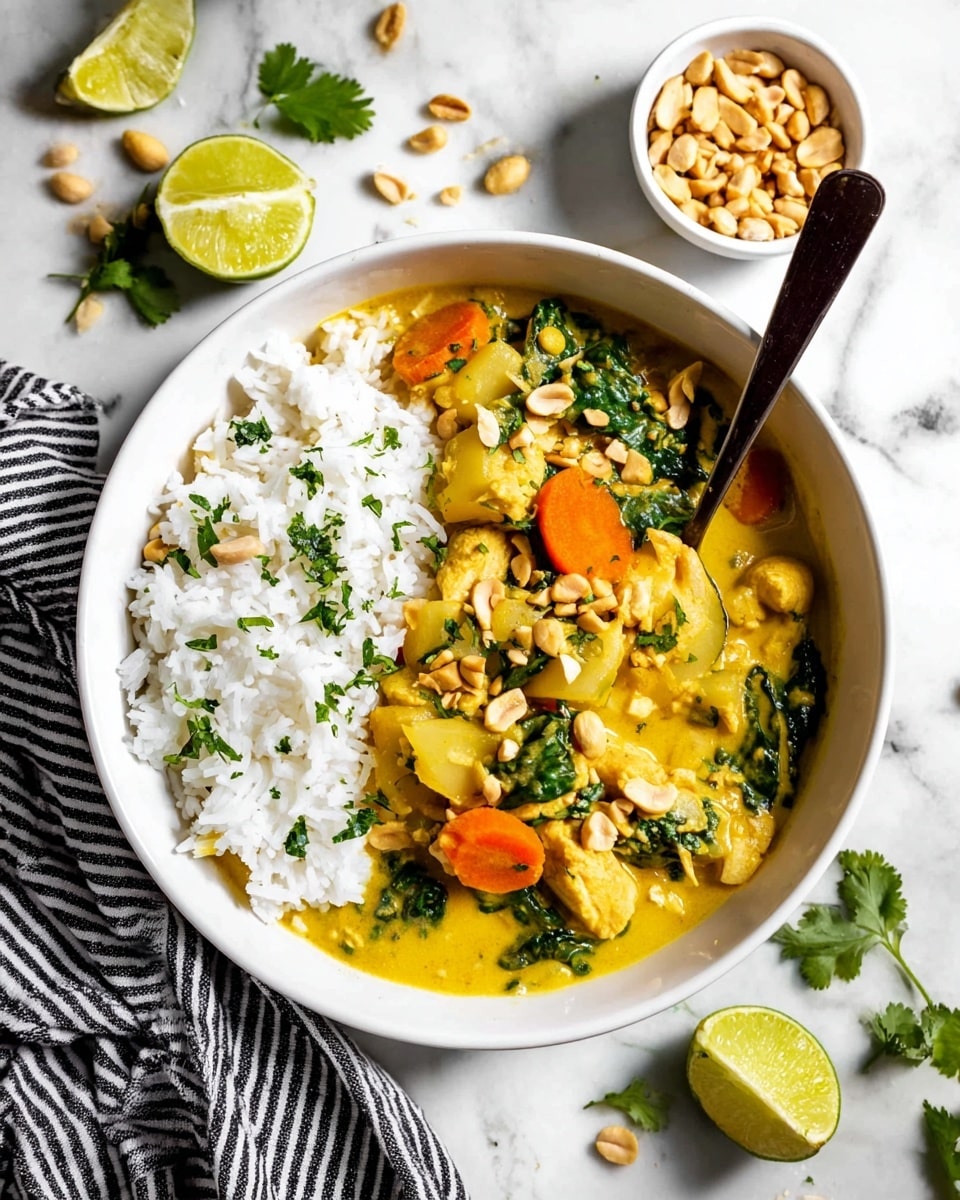 A white bowl sits on a white marbled surface, filled half with white rice sprinkled with chopped green herbs, and the other half with a thick yellow curry containing visible chunks of orange carrots, green spinach leaves, light potatoes, and small pieces of chicken, topped with crushed peanuts and more herbs. A dark-handled spoon rests in the bowl, with lime wedges and fresh herb sprigs scattered around. A small white bowl with whole peanuts is also near the main bowl, alongside a striped black and white cloth. photo taken with an iphone --ar 4:5 --v 7