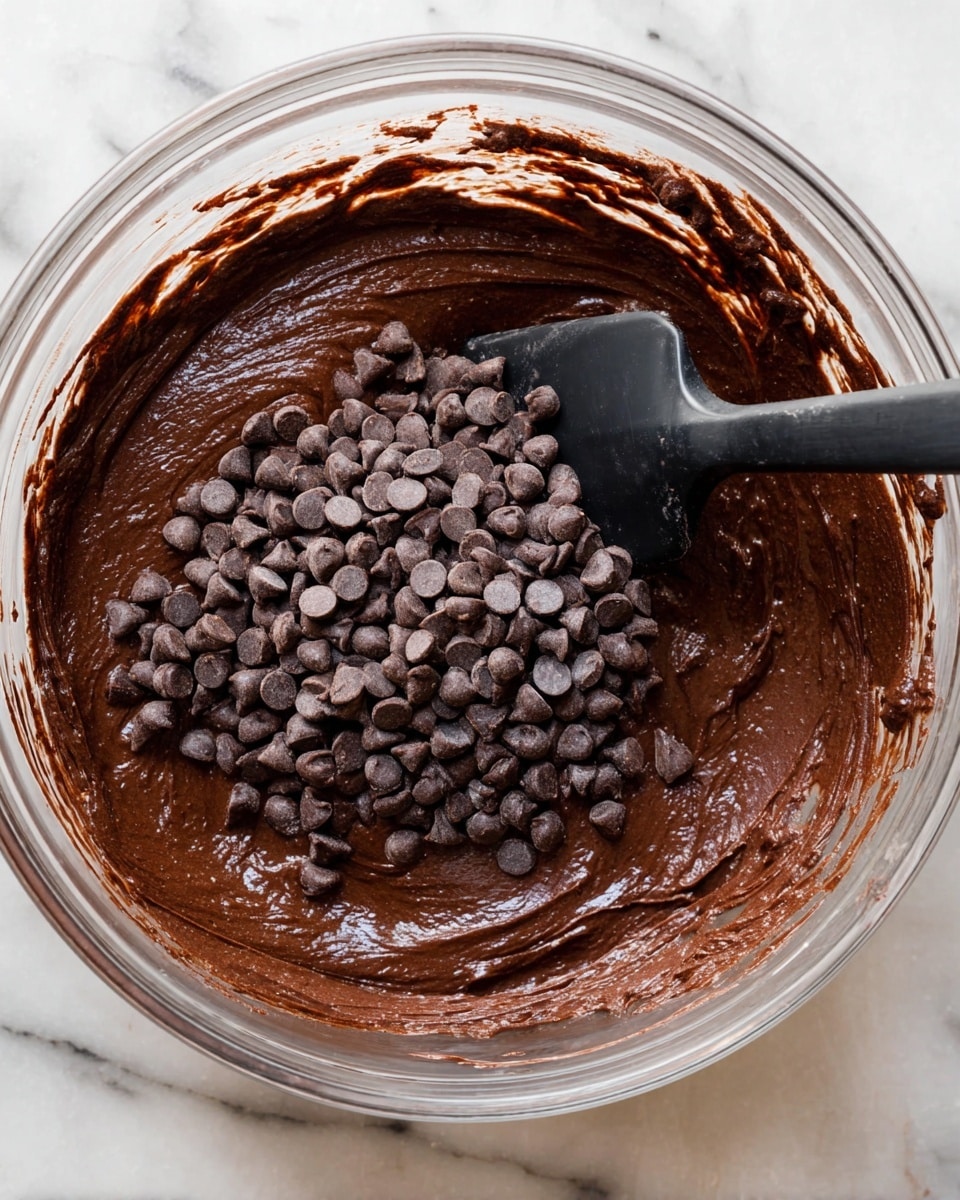 A clear glass bowl filled with thick dark brown chocolate batter, smooth and shiny, with a pile of small dark brown chocolate chips resting on top near the center-right side. A black spatula is partly buried in the batter on the left side of the bowl with some batter stuck to it. The bowl sits on a white marbled surface with some batter spread thinly around the bowl’s inside edges. Photo taken with an iphone --ar 4:5 --v 7
