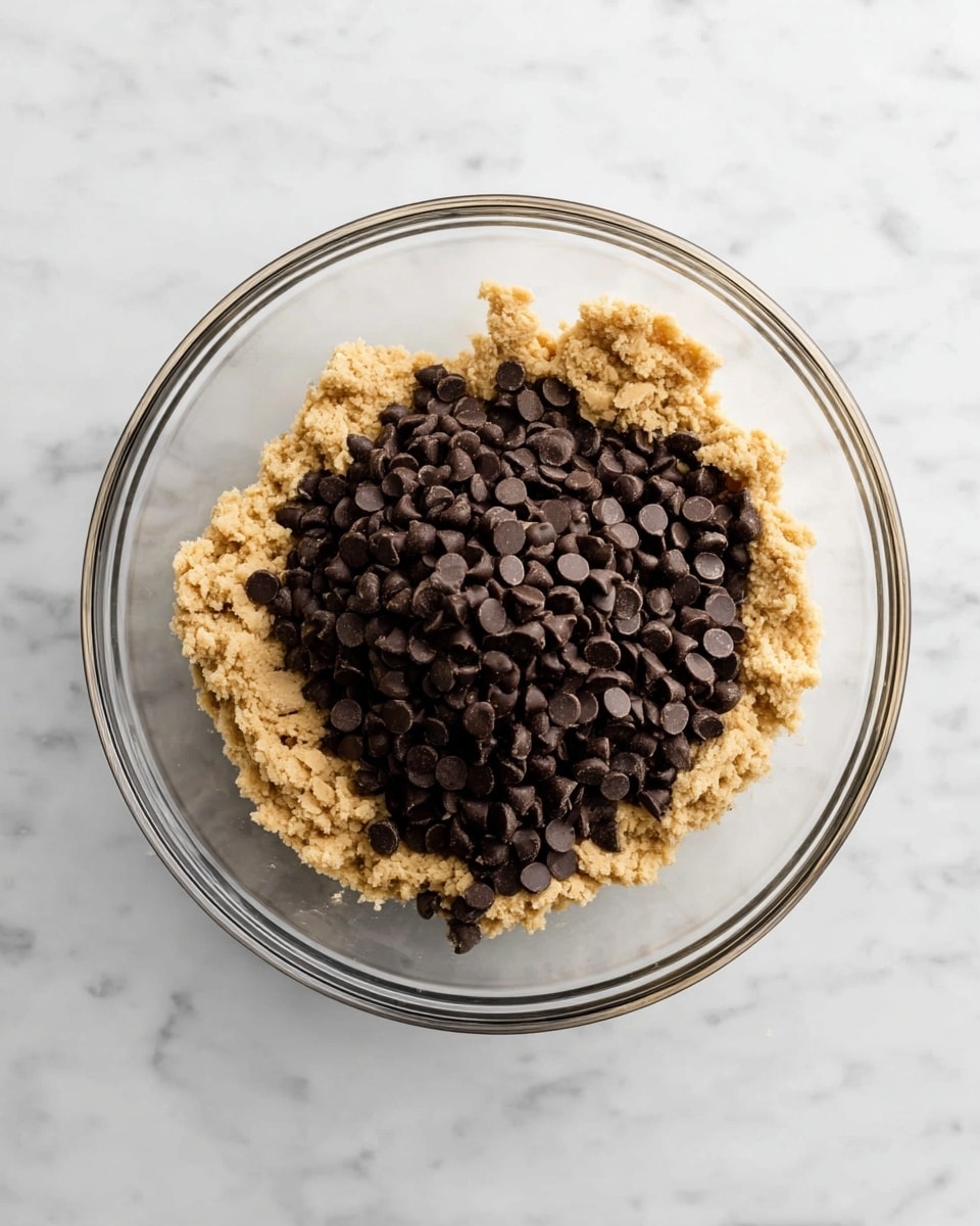 A clear glass bowl sits on a white marbled surface, holding two visible layers of cookie dough ingredients. The bottom layer is a light tan, crumbly dough with a soft texture, filling most of the bowl. On top of this, there is a thick mound of dark brown chocolate chips, concentrated in the center and slightly spreading out on the dough. The chocolate chips have a smooth, rounded texture contrasted by the rough dough beneath. photo taken with an iphone --ar 4:5 --v 7
