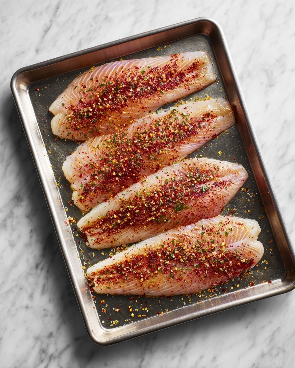 A metal baking tray holds four light pink fish fillets spread flat across its surface. Each fillet is sprinkled with a layer of red seasoning powder and a mix of black and yellow spices, creating patterns of small dots and patches unevenly covering the fish. The tray rests on a white marbled surface, highlighting the contrast between the soft pink fillets and the bright seasonings. photo taken with an iphone --ar 4:5 --v 7