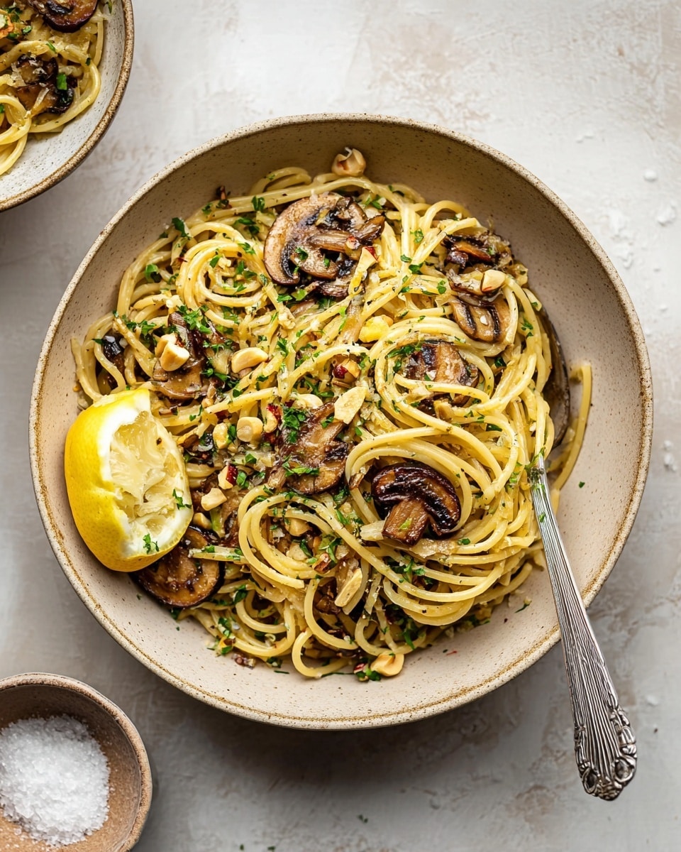 The dish shows a beige bowl filled with twirled yellow spaghetti noodles as the base layer. On top, there are several brown, grilled mushroom slices scattered around. Mixed in are small pieces of light tan chopped nuts and chopped green herbs sprinkled evenly. A silver spoon rests on the side of the bowl, holding a bright yellow lemon slice with visible texture. The bowl is set against a white marbled surface with a small bowl of coarse white salt nearby. Photo taken with an iphone --ar 4:5 --v 7