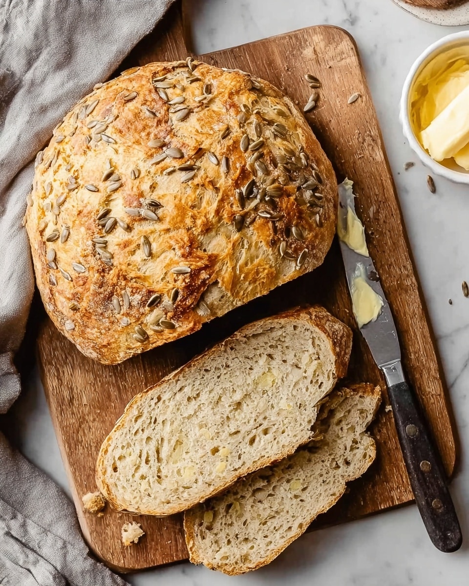 A round loaf of rustic bread with a golden-brown crust, topped with scattered sunflower seeds, is placed on a wooden cutting board. Two long slices of the bread showing a soft, airy interior with small seeds inside lie next to the loaf. A butter knife with a bit of butter on its blade rests on the cutting board to the right. A small white bowl with butter is partially visible at the top right corner. The cutting board is on a white marbled surface, with a grey cloth peeking in from the side. photo taken with an iphone --ar 4:5 --v 7