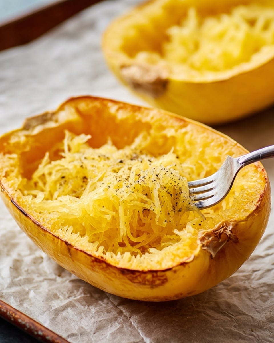 The image shows a close-up of a halved spaghetti squash with its inside scraped to reveal stringy yellow strands resembling pasta, sitting on parchment paper over a white marbled texture. The squash's outer skin is yellow with slight browning from roasting. In the center of the squash, the stringy strands are fluffy and golden, with a light seasoning of black pepper visible. A fork is partially inserted into the squash's cavity, slightly lifting some strands. The background includes another half of the roasted squash blurred out. photo taken with an iphone --ar 4:5 --v 7