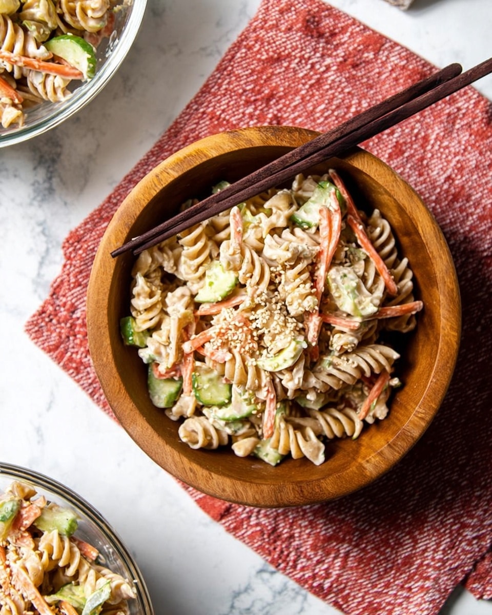 A wooden bowl filled with a creamy pasta salad, showing a mix of spiral rotini pasta in beige and light brown shades, thin carrot strips in orange, light green lettuce pieces, and round slices of pale green cucumber. Small white sesame seeds are sprinkled on top. A pair of dark brown chopsticks rests on the edge of the bowl. The bowl sits on a textured red and white cloth placed on a white marbled surface. Another glass bowl with the same salad is partially visible in the top right corner. Photo taken with an iphone --ar 4:5 --v 7