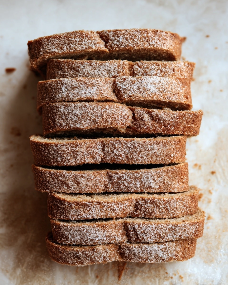 A stack of ten thick slices of brown bread, each slice evenly cut and sprinkled with a light dusting of white sugar on top, creating a textured and slightly rough surface. The bread has a dense and crumbly texture that is visible in the cracks and uneven edges of the slices. The slices are neatly piled on top of each other against a white marbled textured background with some crumbs scattered around. photo taken with an iphone --ar 4:5 --v 7