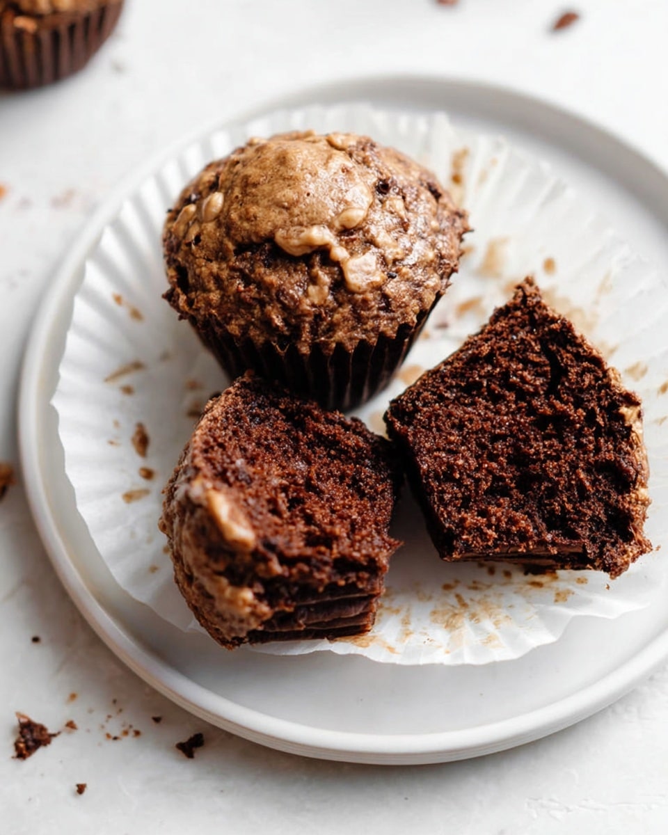 The image shows a white plate with a muffin that is split into three pieces. The muffin has a dark brown, moist inside texture and a light brown top layer with a slightly rough surface and some small chunks visible. The pieces are arranged on a round white paper liner placed on the plate. The plate is sitting on a white marbled background with some crumbs scattered nearby. photo taken with an iphone --ar 4:5 --v 7
