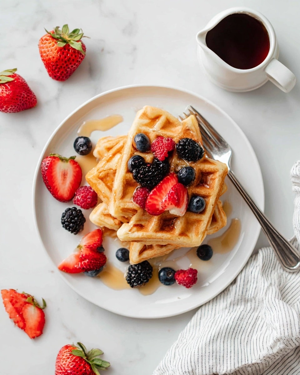 A white plate holds three golden-brown waffle quarters arranged in a small stack, with syrup lightly drizzled on top and around them. Fresh berries including strawberries sliced in half, whole raspberries, blackberries, and blueberries are scattered on the waffles and plate, adding pops of red, black, and blue colors. A silver fork rests on the right edge of the plate. Nearby, there is a small white pitcher filled with more syrup, and some whole and halved strawberries are placed on the white marbled surface surrounding the plate. A striped white cloth is visible in the bottom right corner. photo taken with an iphone --ar 4:5 --v 7