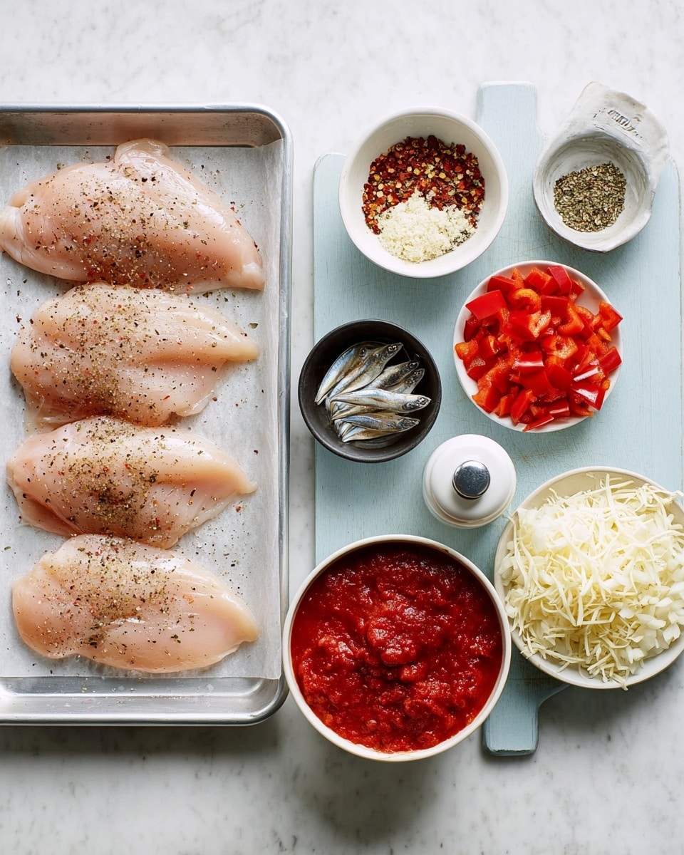 The image shows a collection of raw ingredients neatly arranged on a white marbled surface. On the left, there is a metal tray with four seasoned raw chicken fillets, light pink with specks of black pepper on top. To the right, a light blue cutting board holds various bowls and measuring cups: a small white bowl with mixed dried herbs and red chili flakes, a white pepper grinder, a small black bowl containing anchovy fillets, a small white bowl with minced garlic, a measuring cup filled with chopped red bell peppers, another measuring cup with shredded white cheese, a mound of finely chopped white onions, and a white bowl filled with rich red tomato sauce. The setup is clean and organized, ready for cooking. photo taken with an iphone --ar 4:5 --v 7