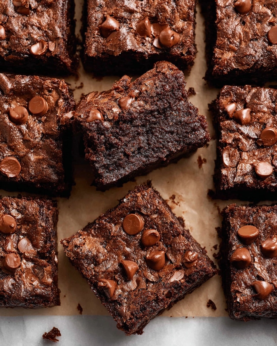 The image shows several square chocolate brownies arranged closely on a sheet of parchment paper over a white marbled surface. Each brownie has a rich, dark brown, textured top layer that looks moist and dense, covered unevenly with glossy milk chocolate chips scattered over the surface. The brownies are thick and appear soft inside, with slightly rough edges and cracks on the top, adding to their homemade feel. The middle brownie is slightly lifted and tilted, showing the thickness and chewy texture more clearly. photo taken with an iphone --ar 4:5 --v 7