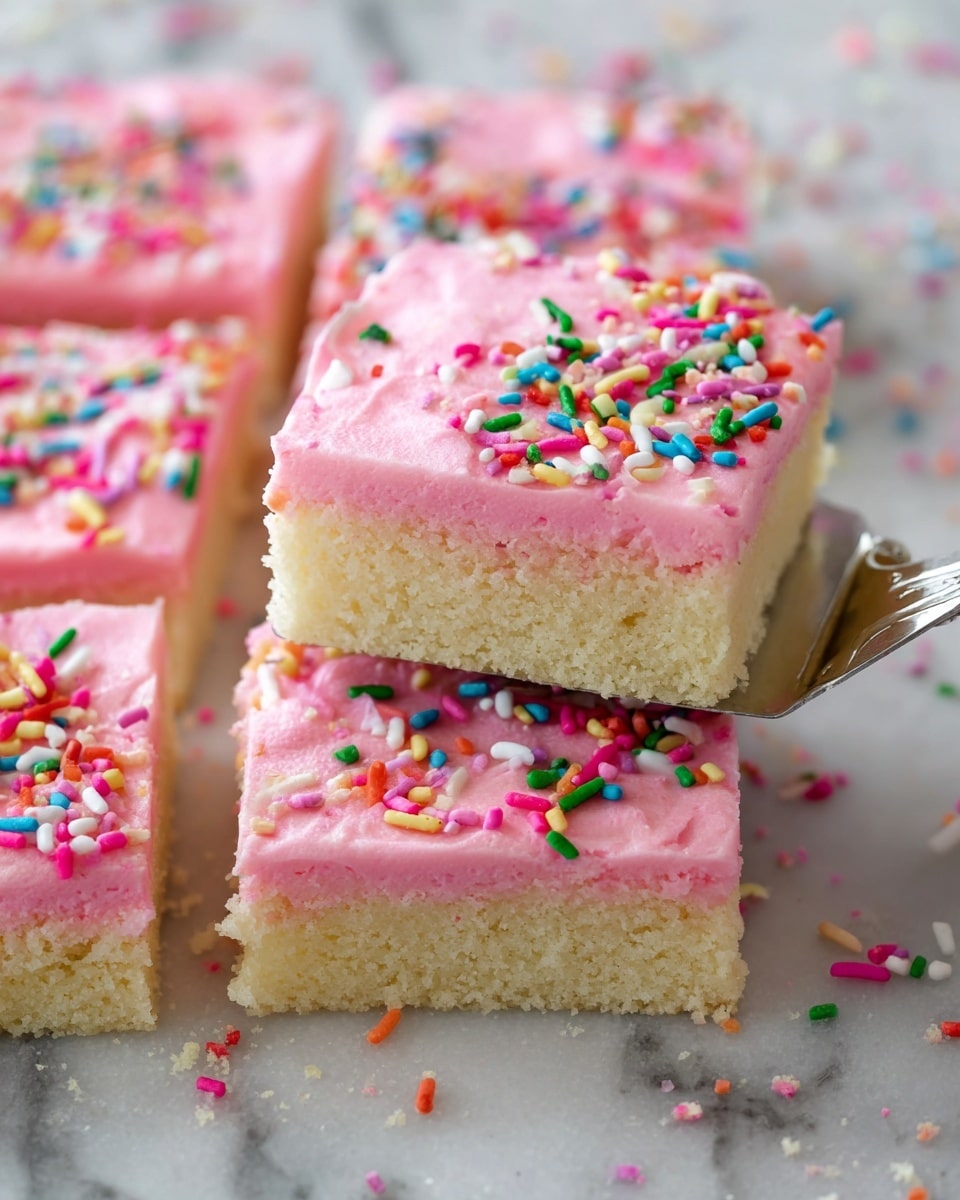 The image shows square cake pieces with two layers. The bottom layer is a light yellow soft cake, and the top layer is thick pink frosting with a smooth texture. On the frosting, there are many colorful sprinkles in different shapes and sizes scattered all over. One piece is lifted slightly by a silver spatula, showing the clean edges of the cake square. The cake pieces are placed on a white marbled surface with some sprinkles dropped around them. photo taken with an iphone --ar 4:5 --v 7