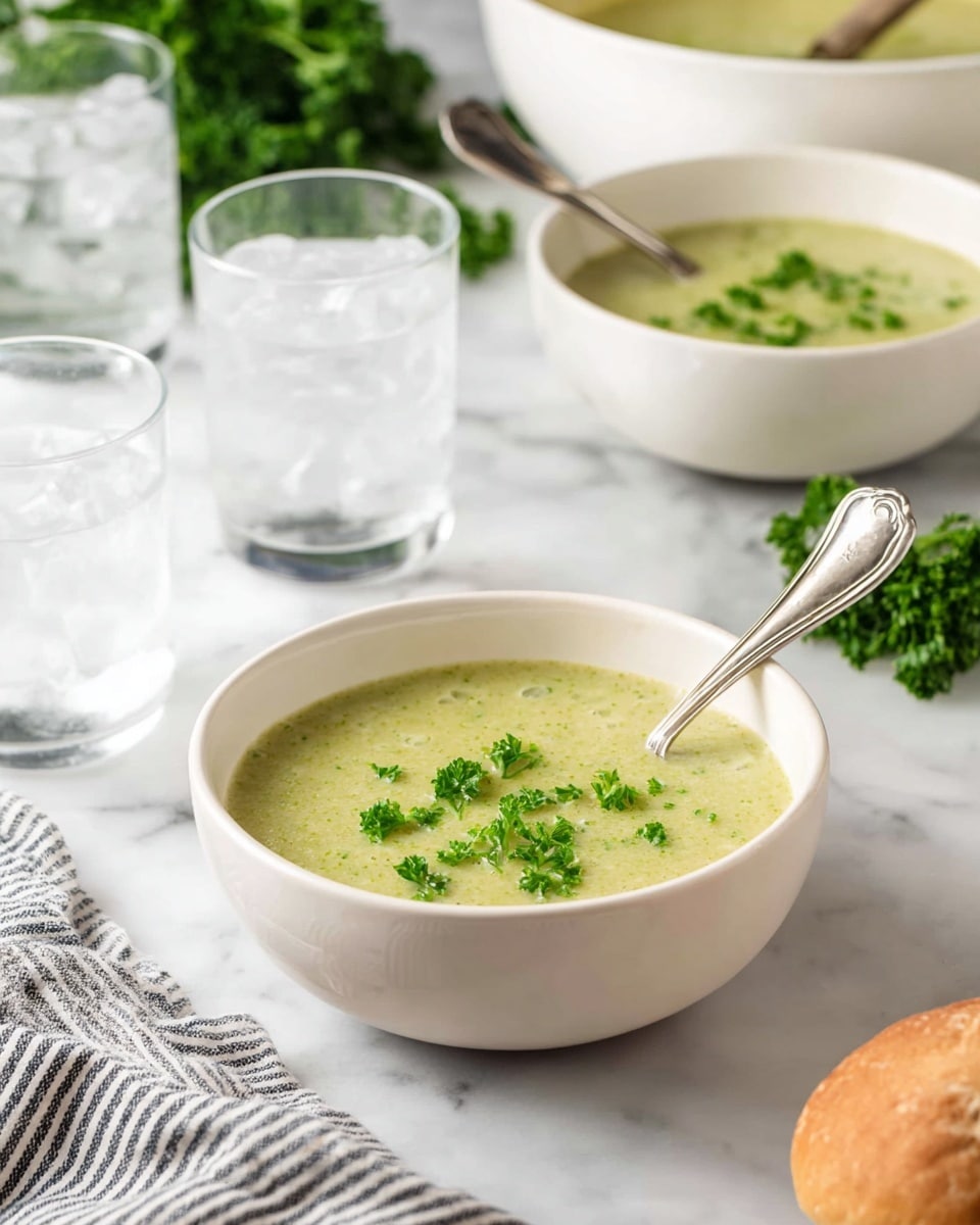 Two white bowls filled with a light green creamy soup, topped with small pieces of fresh green parsley. Each bowl has a silver spoon inside, resting at an angle. In the background, a large white bowl also has the soup with a large silver spoon sticking out. Two clear glasses of water with ice are placed behind the two bowls. The scene is set on a white marbled surface with a small round bread roll visible at the bottom right and some fresh green parsley blurred in the back. A striped cloth napkin lays partially in the bottom left corner. photo taken with an iphone --ar 4:5 --v 7