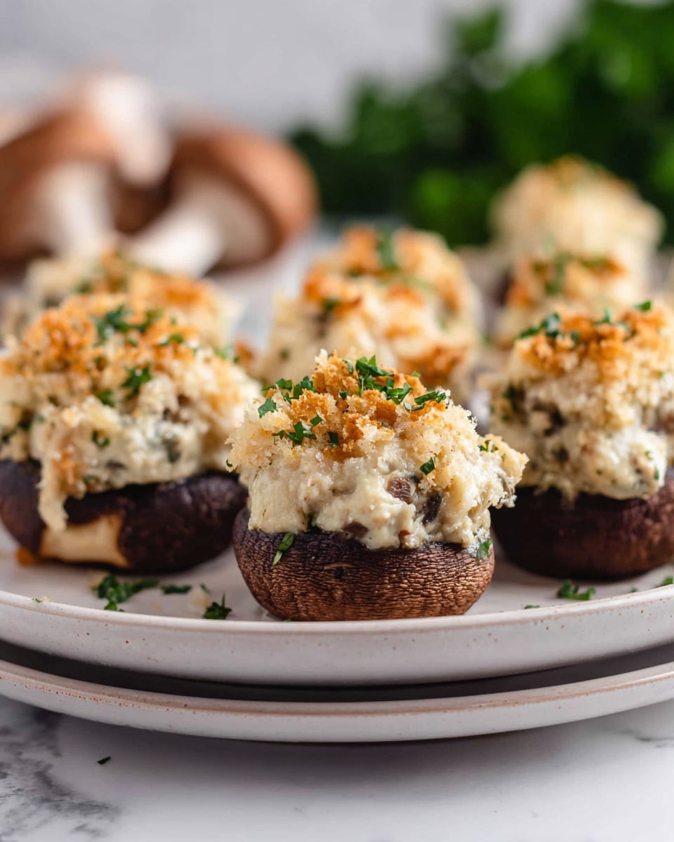 The image shows several stuffed mushrooms placed on a stack of two white plates, set on a white marbled surface. Each mushroom has three visible layers: a dark brown mushroom cap base, a thick creamy white filling mixed with light brown and green specks, and a topping of golden brown breadcrumbs sprinkled with small green herb pieces. The mushrooms are close together, and in the background, there are blurred mushrooms and green leaves, adding depth to the scene. Photo taken with an iphone --ar 4:5 --v 7
