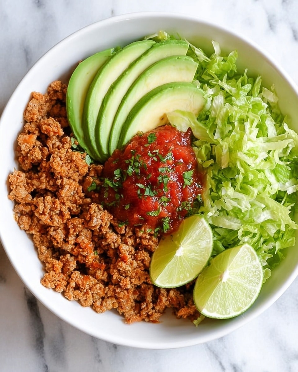 A white bowl filled with three layers: the bottom layer is crumbly brown cooked ground meat, topped on the left with smooth, bright green avocado slices in a fan shape, and on the right with shredded light green lettuce. In the middle of the avocado slices sits a small dollop of glossy red salsa with bits of tomato and herbs sprinkled on top. Two light green lime wedges rest on the right edge of the bowl. The bowl is set on a white marbled surface. Photo taken with an iphone --ar 4:5 --v 7