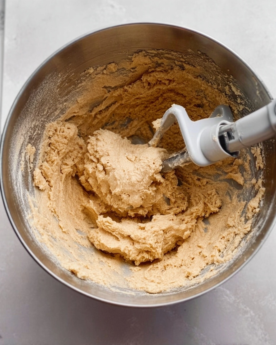 The image shows a large silver mixing bowl filled with light brown dough that looks soft and thick. The dough covers the bottom and sides of the bowl unevenly, with some parts clinging to the bowl's edges. A white mixing attachment is stuck into the dough in the center, partially covered by the dough, showing its paddle shape. The bowl sits on a white marbled surface. photo taken with an iphone --ar 4:5 --v 7