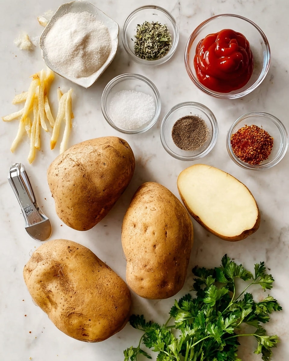 The image shows three whole potatoes with rough light brown skin spread out on a white marbled surface, one potato partly peeled with the white inside visible, and long peels nearby. Around them are six small glass bowls with different ingredients: one with red ketchup in a white bowl, another with white powder, a third with coarse salt, a fourth with black and brown pepper mix, a fifth with a blend of dried herbs and spices, and a bunch of fresh green parsley lies near the ketchup bowl. A silver vegetable peeler is placed near the half-peeled potato. The scene looks clean and bright with natural light. photo taken with an iphone --ar 4:5 --v 7
