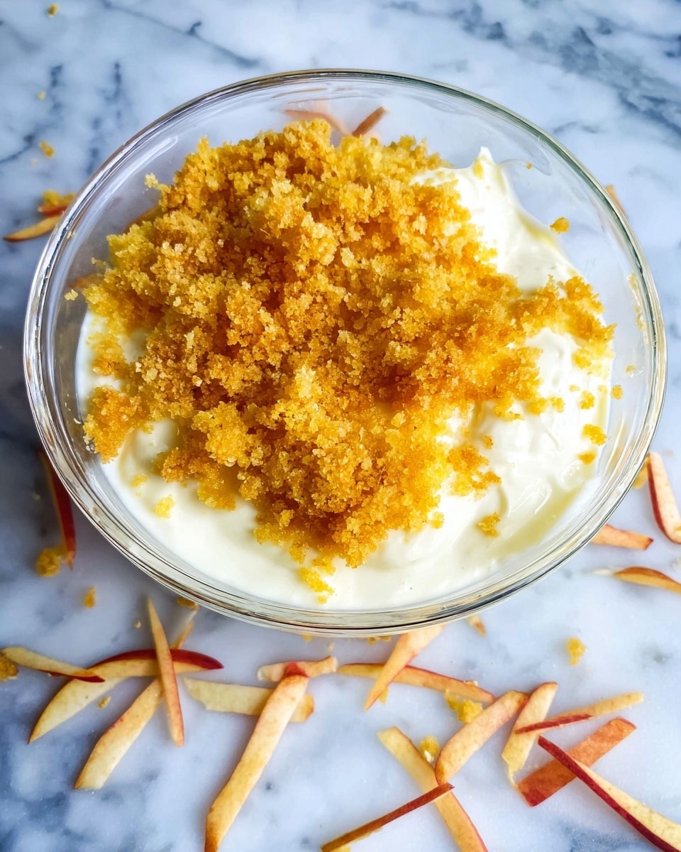 A clear glass bowl contains two main layers: a thick white creamy layer at the bottom and a crumbly golden-yellow topping spread unevenly on top. The bowl sits on a white marbled surface scattered with thin, red and yellow apple peel strips around it. The texture contrast between smooth cream and crunchy topping is visible. Photo taken with an iphone --ar 4:5 --v 7