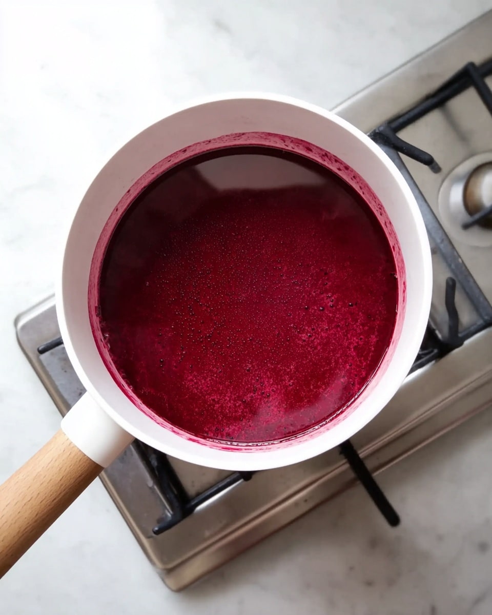The image shows a white small pot with a light wooden handle filled with a thick deep red liquid that has small black seeds or specks spread throughout. It is placed on a silver stove burner with black grates on a white marbled surface. The liquid has a shiny, smooth texture with some reflections on the top, showing it is being heated. photo taken with an iphone --ar 4:5 --v 7