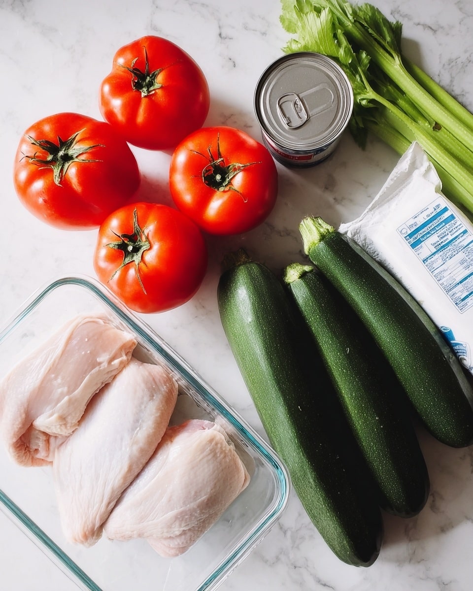 The image shows fresh ingredients on a white marbled surface: four bright red tomatoes with green stems on the top left, next to a glass container holding two raw, pale pink chicken parts in the bottom left corner. To the right of the chicken, there are four dark green zucchinis placed side by side. Above the zucchinis, there is a small closed can, and to the right of the can, green leafy celery stalks. On the far right edge, a white package, likely cream cheese or similar dairy product, rests on the surface. The lighting is bright and natural, enhancing the fresh look of the ingredients. photo taken with an iphone --ar 4:5 --v 7