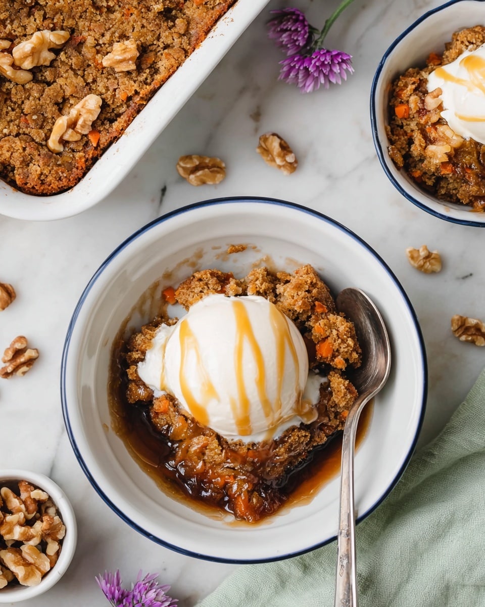 A white bowl with a blue rim holds a dessert with three layers: the bottom layer is a moist, crumbly carrot cake with visible orange bits of carrot and small walnut pieces, the middle layer is a sticky, dark caramel sauce spreading over the cake, and the top layer is a round scoop of white vanilla ice cream drizzled with light caramel syrup. A silver spoon rests inside the bowl on one side. To the upper left, a white rectangular dish filled with the same carrot cake topped with walnut pieces is partially visible. The background is a white marble surface scattered with some whole walnut halves, small purple flowers, and a small white bowl filled with walnuts on a pale green cloth. photo taken with an iphone --ar 4:5 --v 7