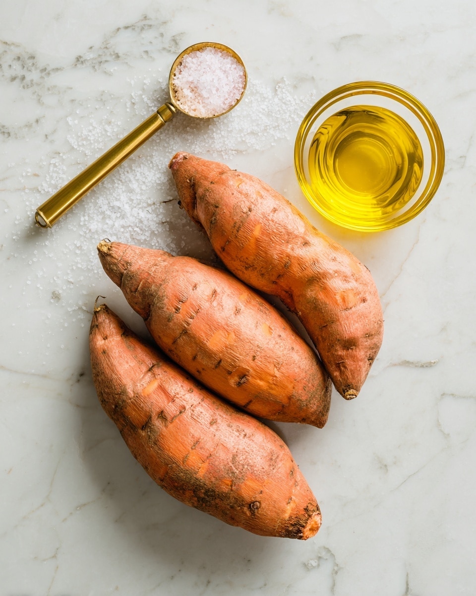 A kitchen scene on a white marbled surface showing three raw orange sweet potatoes with rough skin placed near a small gold measuring spoon filled with salt, and a small yellow glass bowl filled with oil. The items are spaced apart neatly, with the slicer on the left and the sweet potatoes toward the top right, the spoon below the potatoes, and the bowl to the right of the spoon. photo taken with an iphone --ar 4:5 --v 7