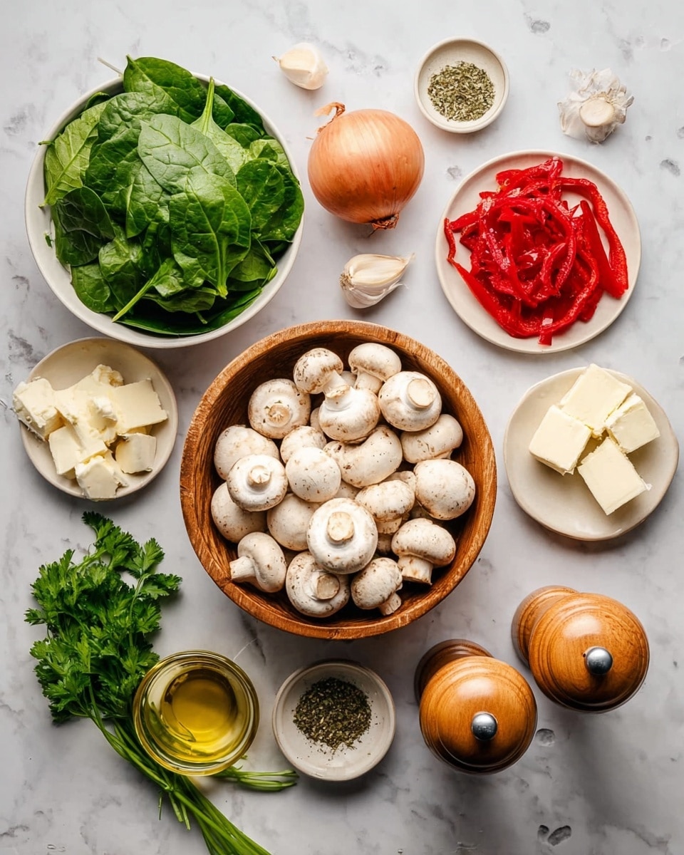 The image shows a white marbled surface with various ingredients neatly arranged. In the center, a wooden bowl is filled with many small white mushrooms. To the top left of the bowl, there is a white bowl full of fresh, green spinach leaves. Around these main items, there are small white plates holding bright red roasted peppers, three small cubes of pale yellow butter, fresh white cheese, and dried herbs with two garlic cloves. Nearby, a whole brown onion and a small bunch of fresh green parsley are placed beside two wooden pepper mills and a small glass container of golden olive oil. Photo taken with an iphone --ar 4:5 --v 7