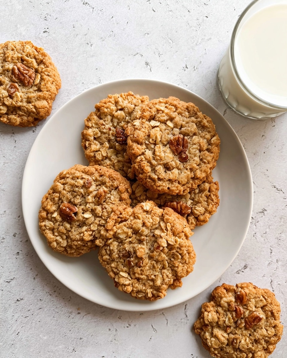 Five round oatmeal cookies with pecan pieces, light golden brown and slightly textured with oats, are arranged on a white plate, with three overlapping in the center and two more placed on the white marbled surface around the plate. The cookies have a rough, crumbly texture with visible oats and nut chunks. To the top right, there is a clear glass filled with milk, showing a smooth white liquid. The overall scene is on a white marbled texture background with a casual, simple feel. Photo taken with an iphone --ar 4:5 --v 7